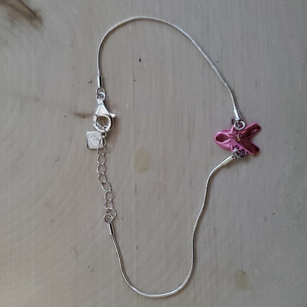 Lovely AB 925 Sterling Silver Pink Ribbon Bracelet Breast Cancer
